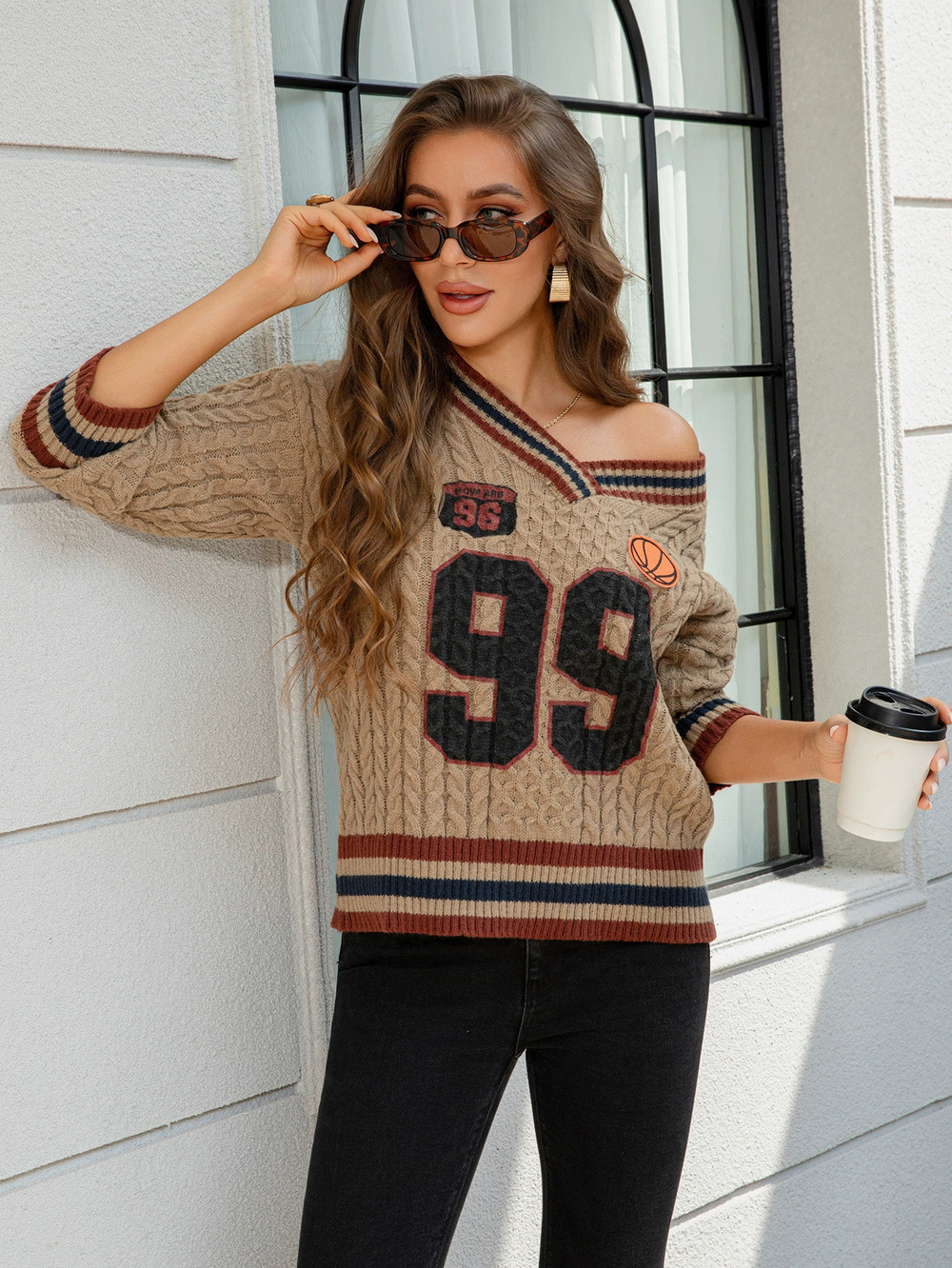 Forever 21 Am Retro Chunky Cable Knit Crewneck Sweater Oversized Basketball
